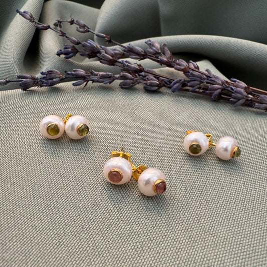 Minimal Pearl Stud Earrings with Tourmaline, Dainty Pearl Ball Earrings,  Tourmaline Earrings, Gift for Her, Elegant Gold Earrings