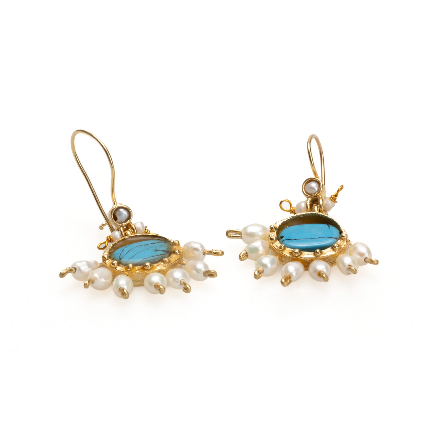 18k Gold Hellenistic Sunflower Pearl Earrings with Turquoise
