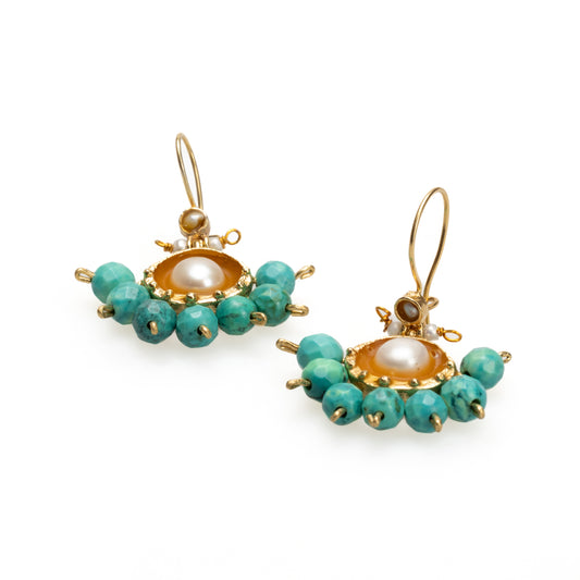 18k Gold Hellenistic Sunflower Turquoise Earrings with Pearl