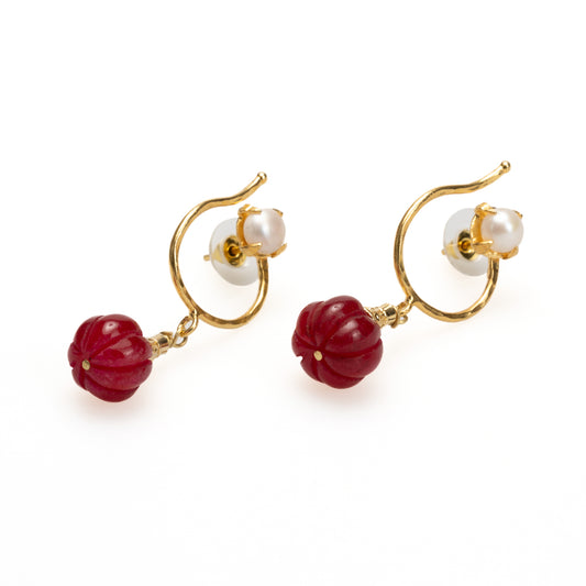Dangling Gold Pearl Earrings with Lapis Lazuli and Ruby