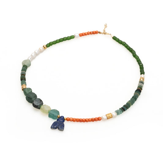 Beaded Maya Necklace with Lapis, Pearl, Coral, Green Glass Stones