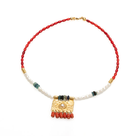 Beaded Hittite Necklace with Coral and Pearl Rectangle Coral Pendant