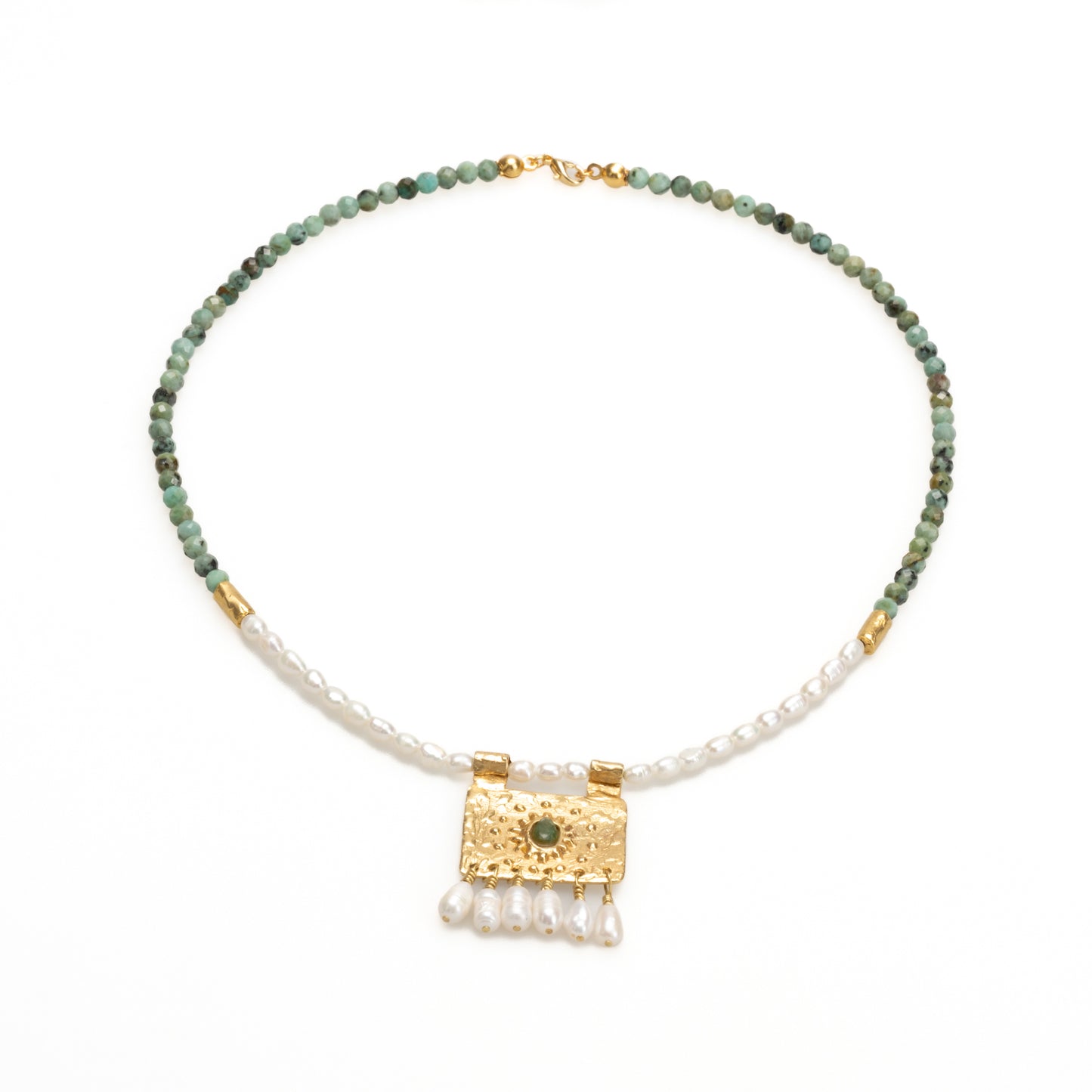 Beaded Hittite Necklace with Pearl and Turquoise Rectangle Pearl Pendant