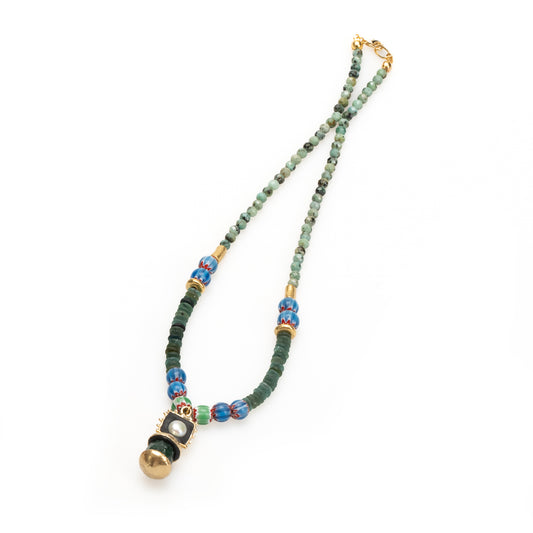 Beaded Babylon Necklace with Sea Glass, African Turquoise Stone, and Murano Glass