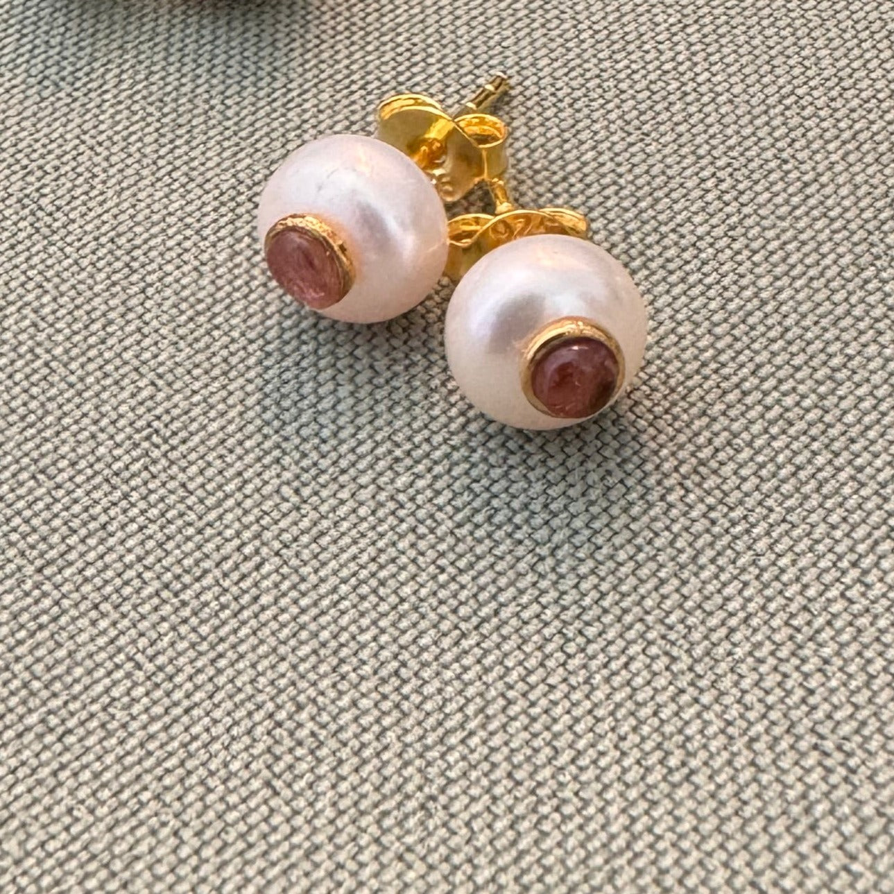 Dainty Pearl Ball Earrings with Tourmaline Gemstone