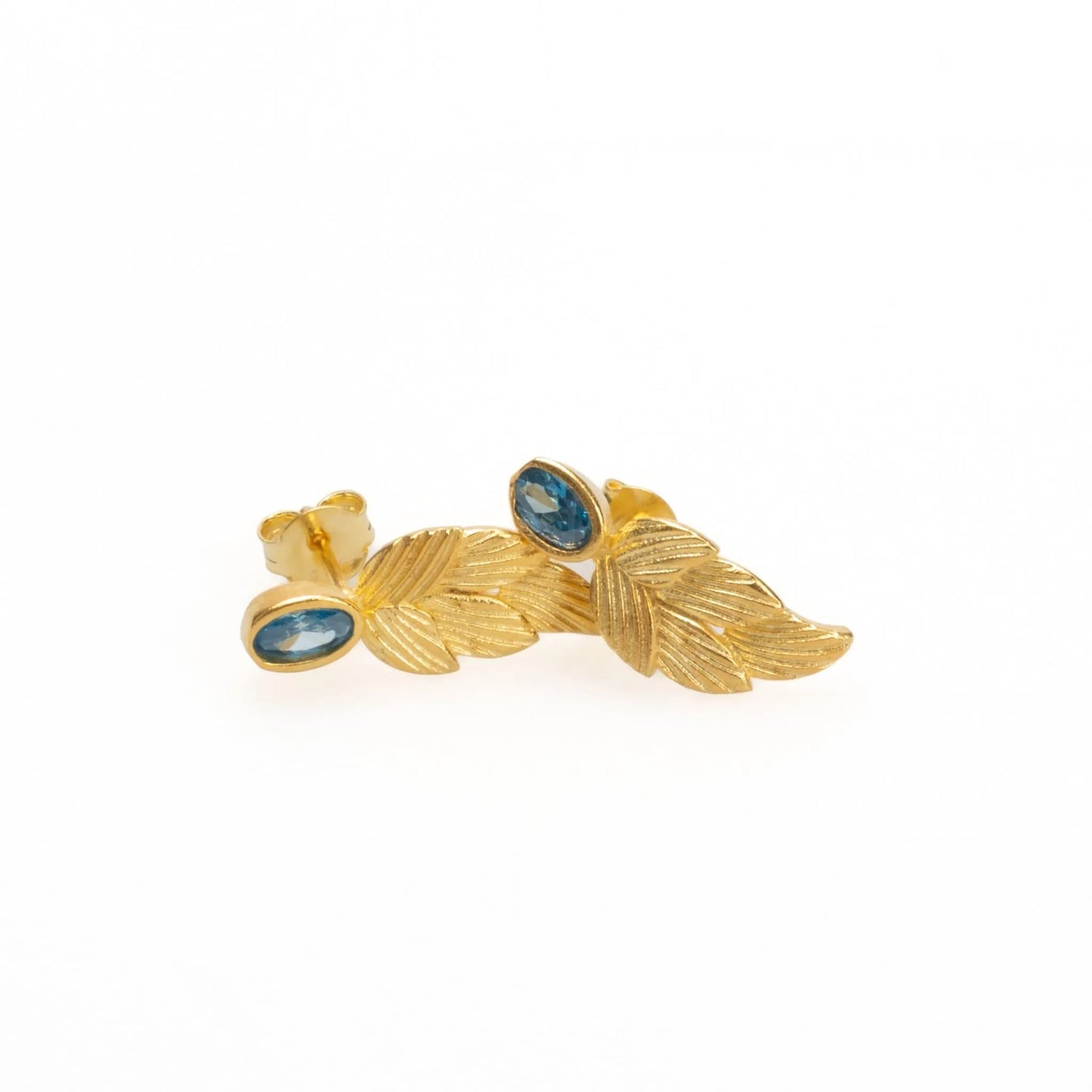 18k Gold Birthstone Leaf Earrings, Aquamarine March Birthstone - Sadehane