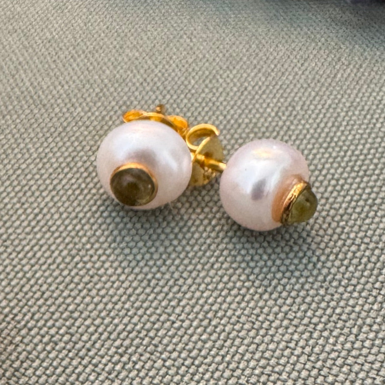 Dainty Pearl Ball Earrings with Tourmaline Gemstone