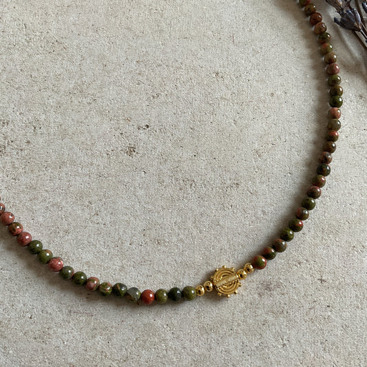 Beaded Jasper Necklace with Gold Charm, Antique Beaded Necklace, Natural Colour Beaded Necklace, Gift for Her, Everyday Necklace