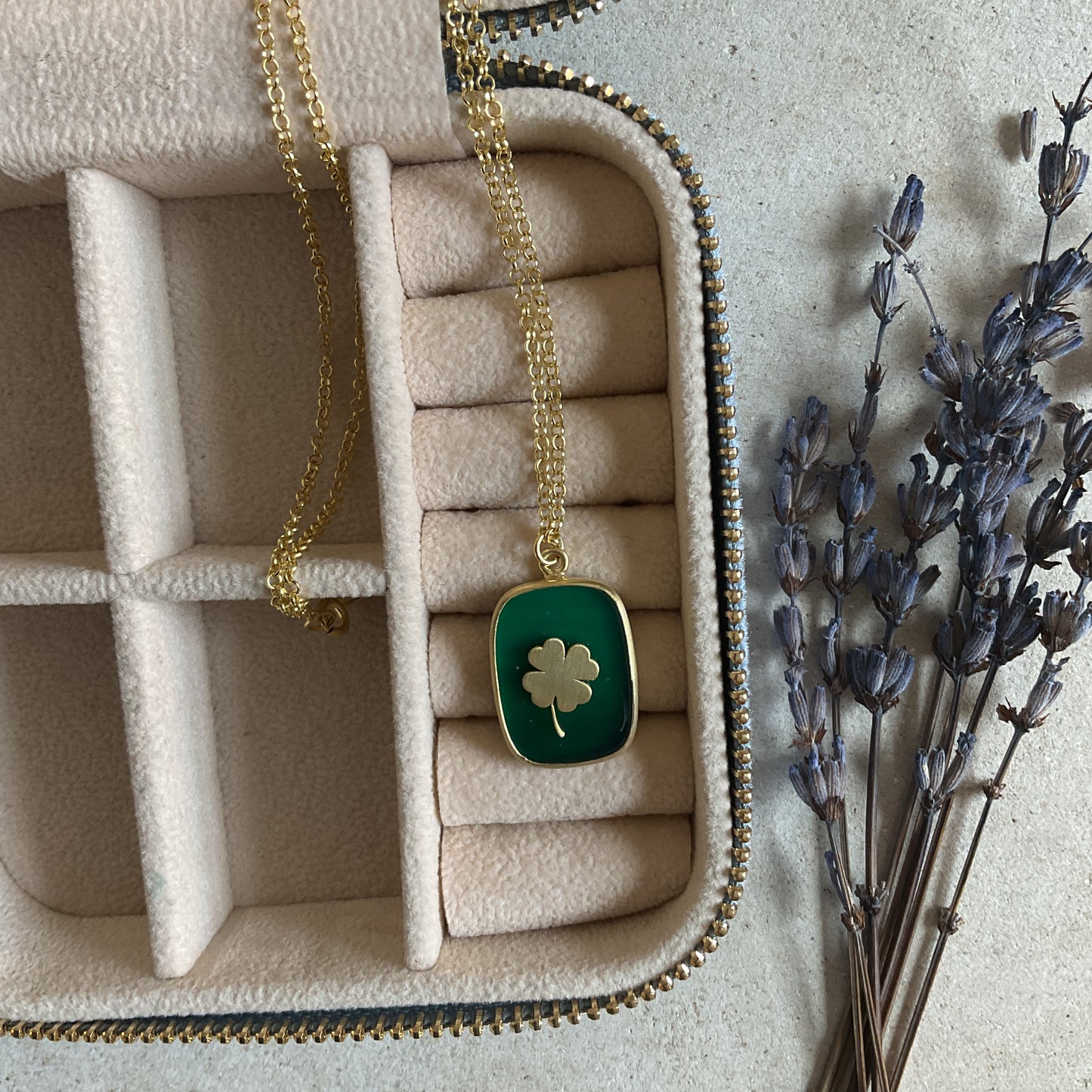 Necklace with Green Agate Natural Stone Pendant,  Clover and Sun Pendant Options