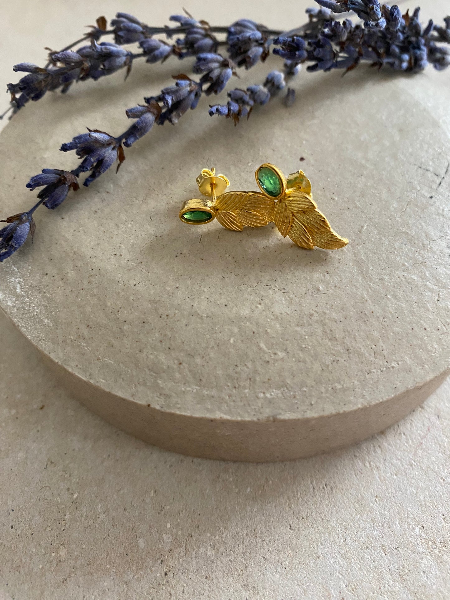 18k Gold Birthstone Leaf Earrings, Emerald May Birthstone