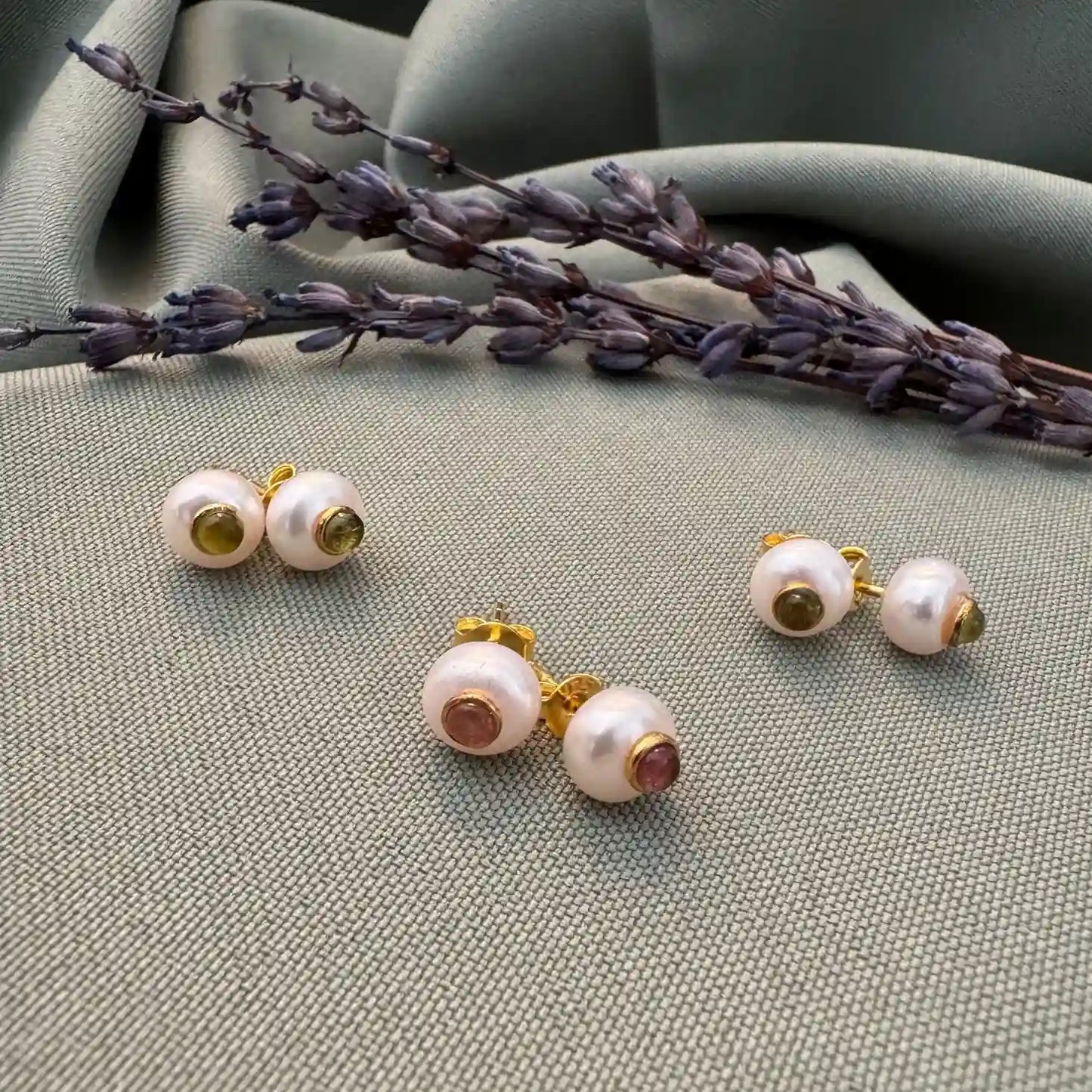 Dainty Pearl Ball Earrings with Tourmaline Gemstone