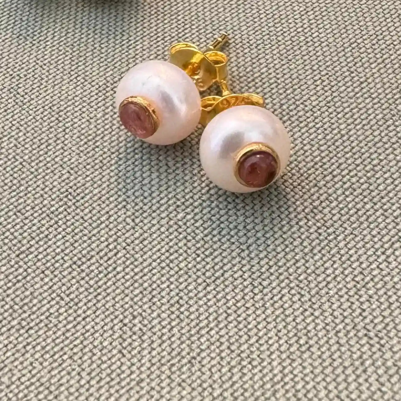 Dainty Pearl Ball Earrings with Tourmaline Gemstone