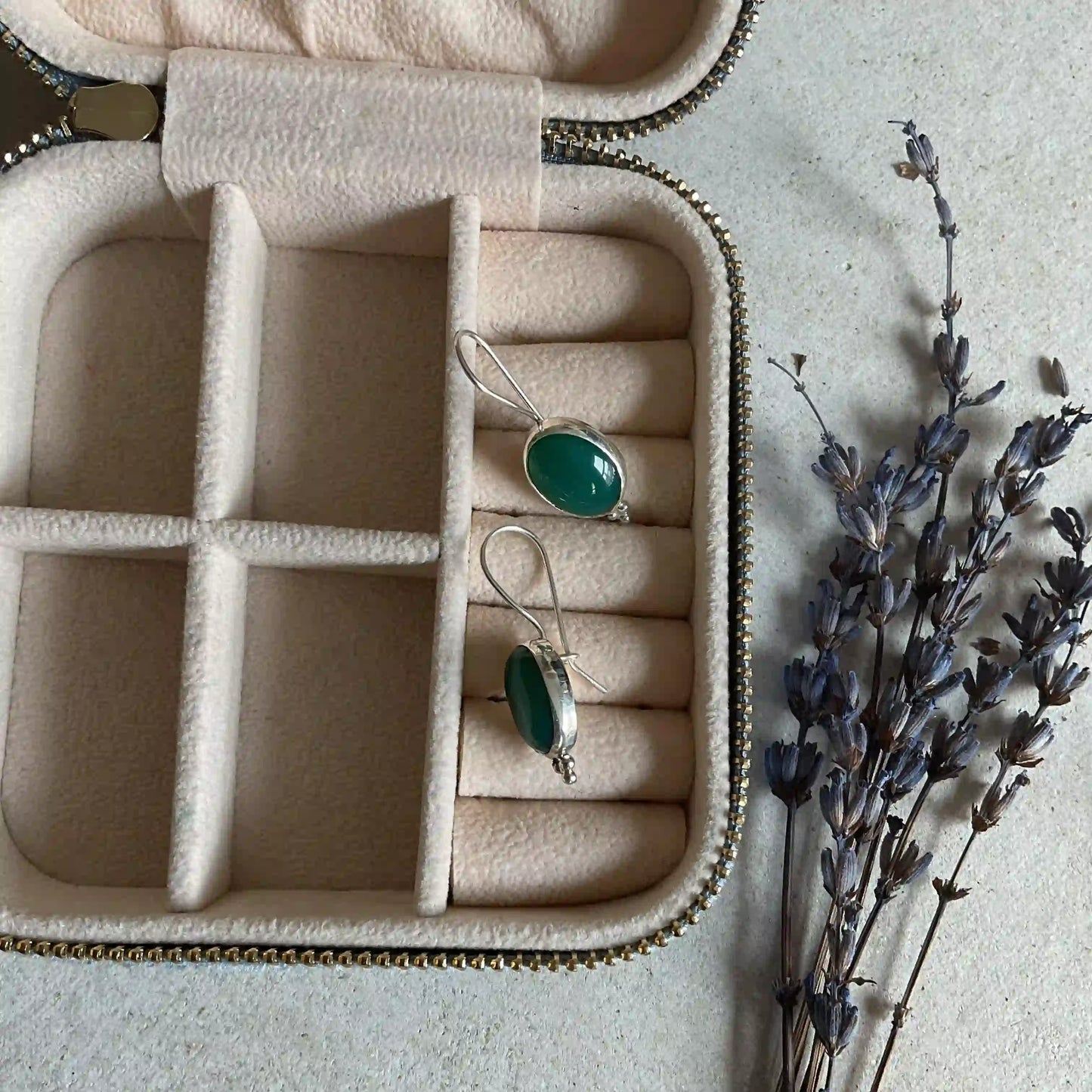 Silver Drop Earrings with Green Agate