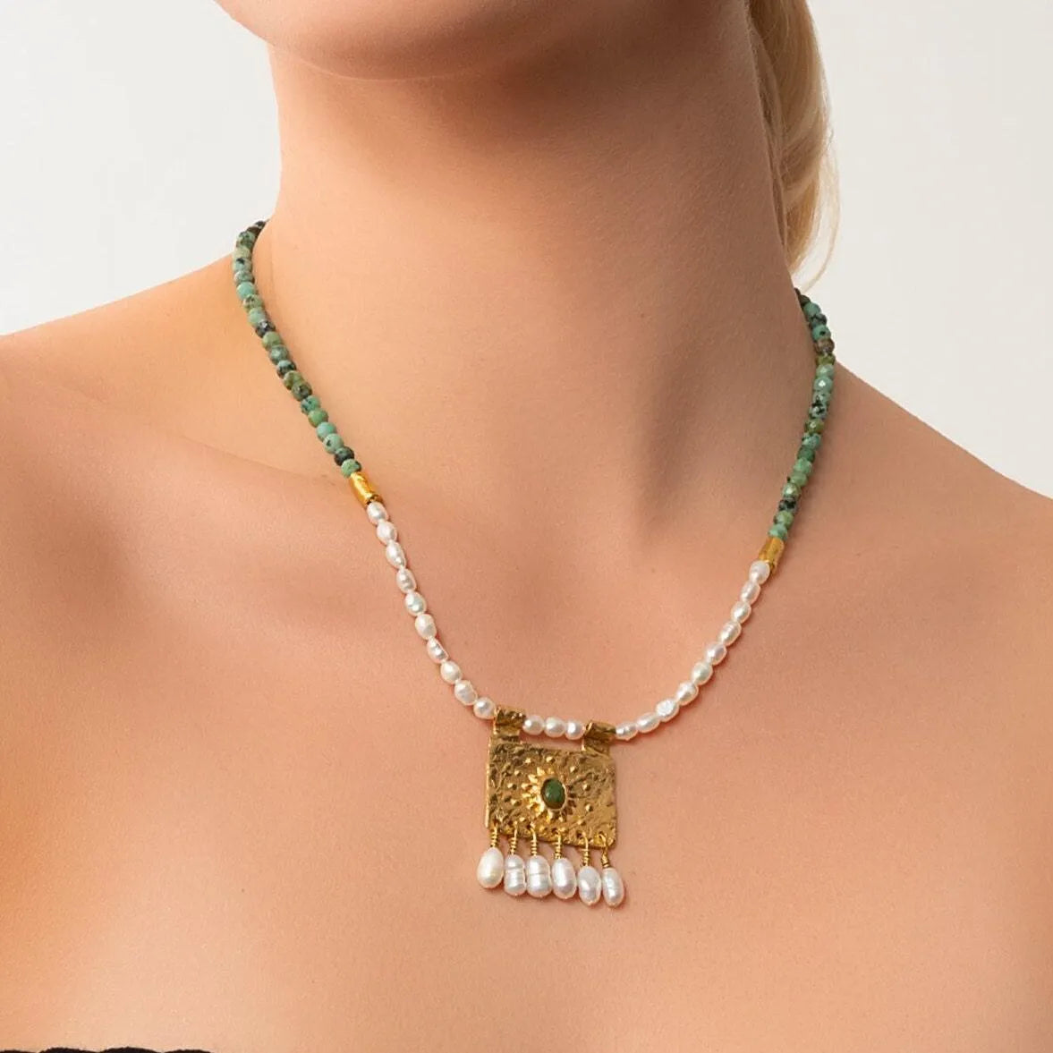 Beaded Hittite Necklace with Pearl and Turquoise Rectangle Pearl Pendant