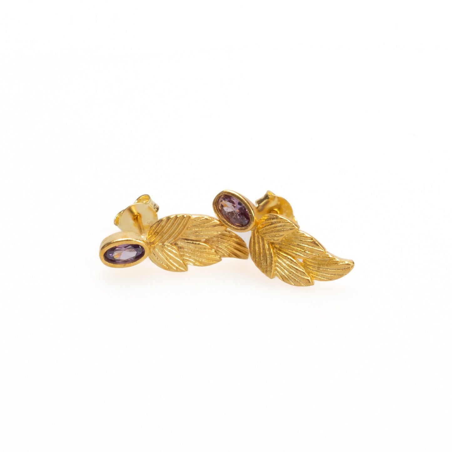 18k Gold Birthstone Leaf Earrings, Amethyst February Birthstone