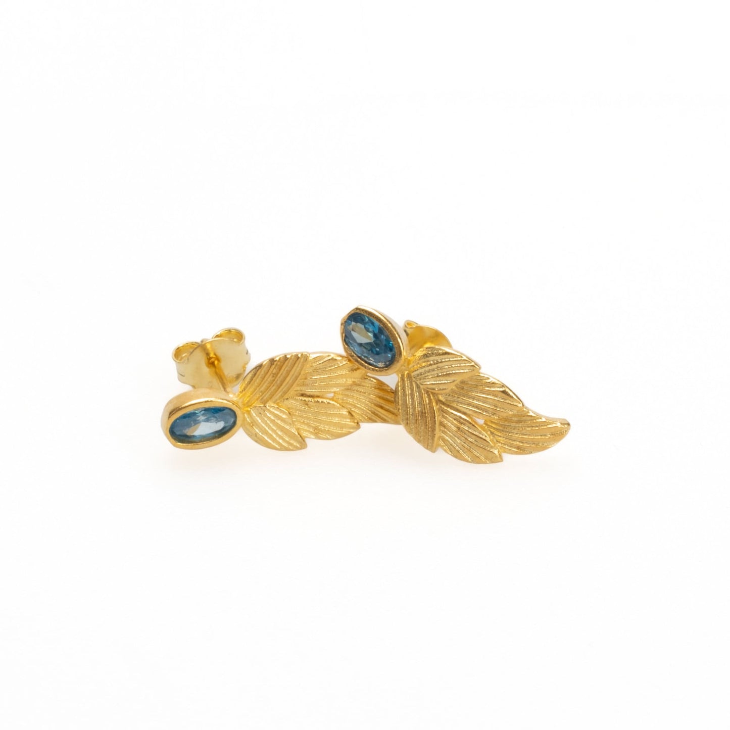 18k Gold Birthstone Leaf Earrings, Aquamarine March Birthstone