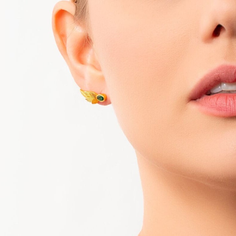 18k Gold Birthstone Leaf Earrings, Emerald May Birthstone
