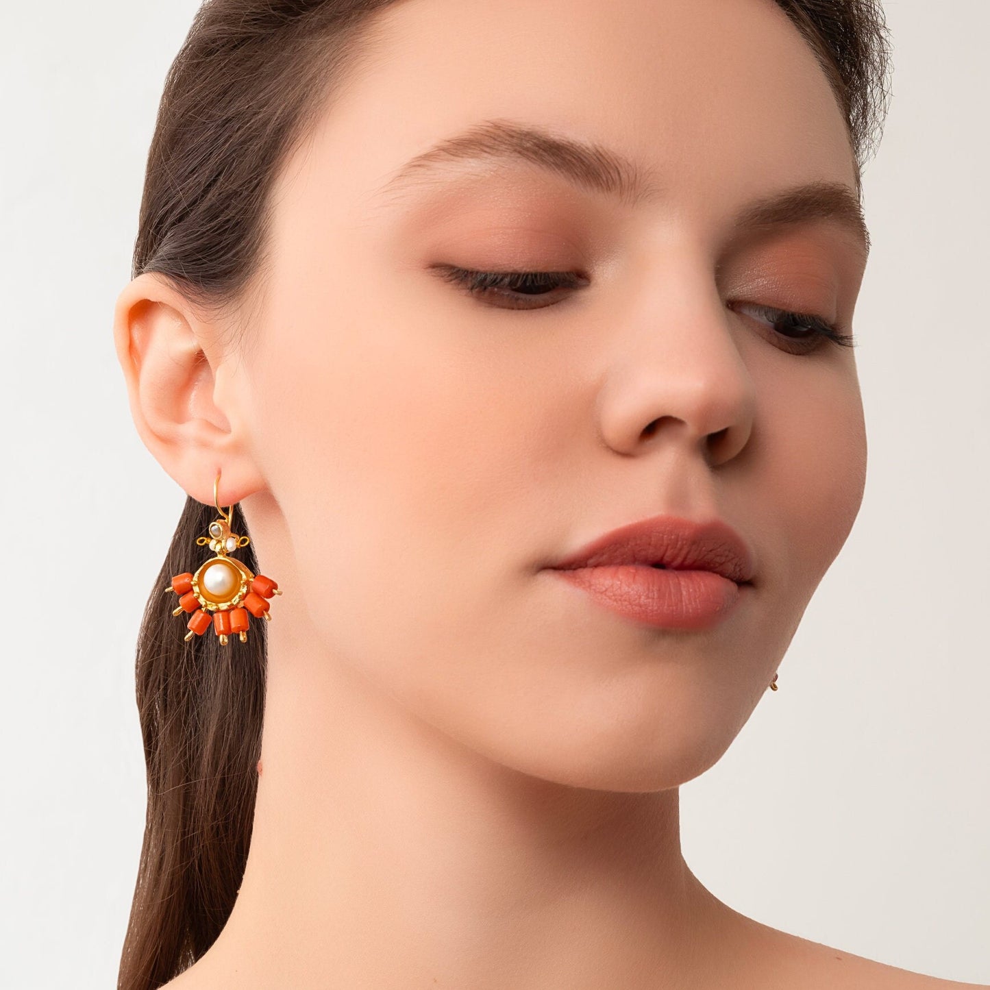 18k Gold Hellenistic Sunflower Coral Earrings with Pearl