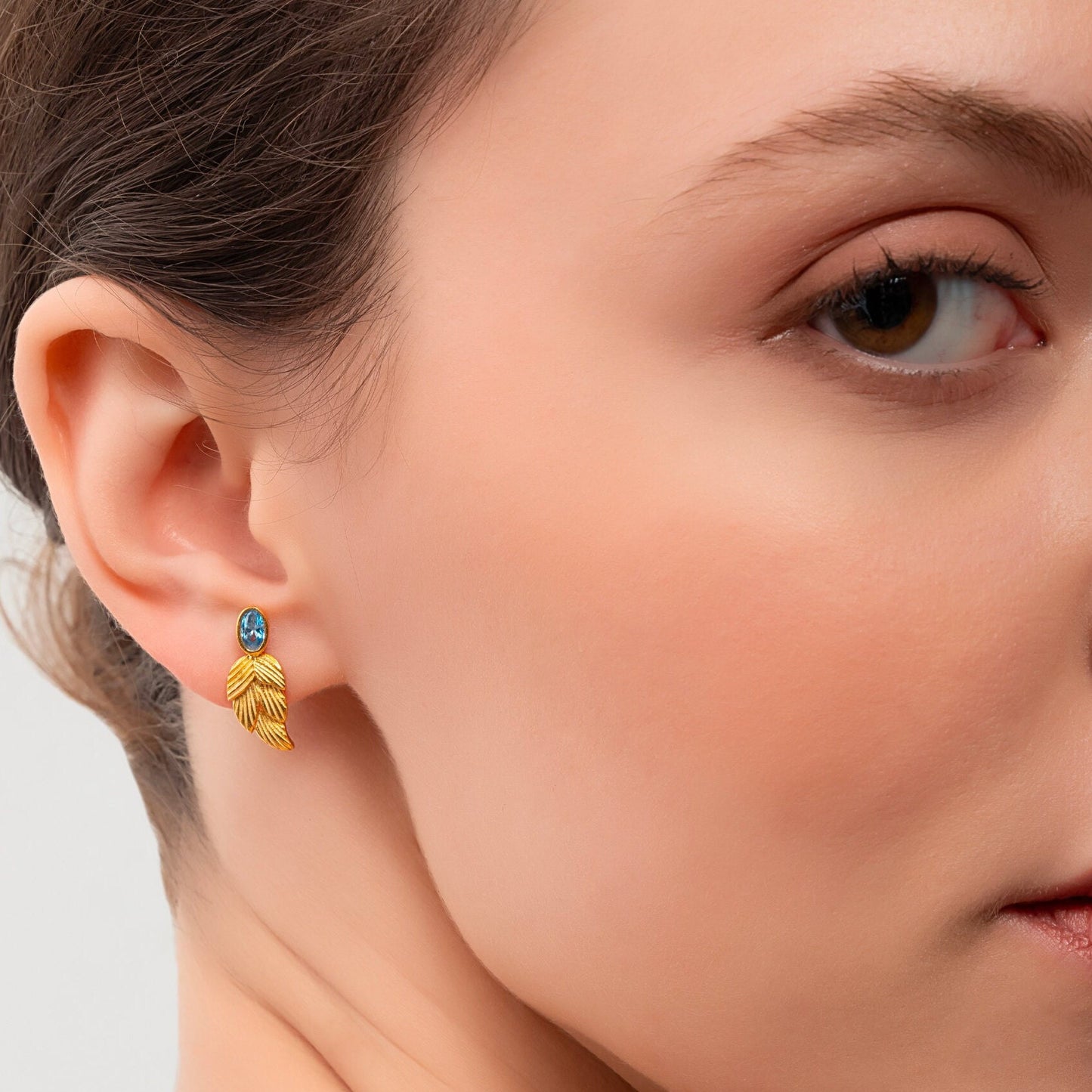18k Gold Birthstone Leaf Earrings, Tourmaline October Birthstone