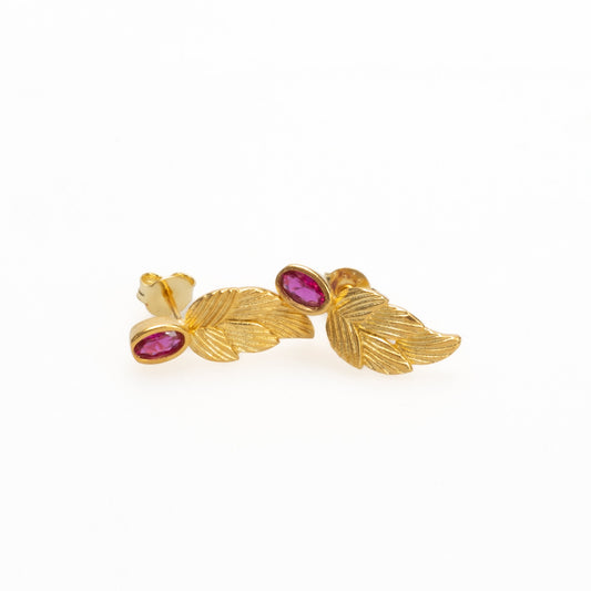 18k Gold Birthstone Leaf Earrings, Ruby July Birthstone