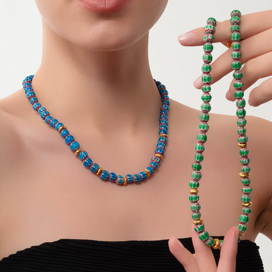 Beaded Murano Glass Zulu Necklace with Green and Blue Beads