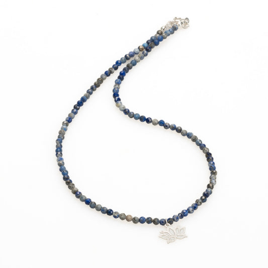 Lapis Lazuli Beaded with Silver Lotus Pendant